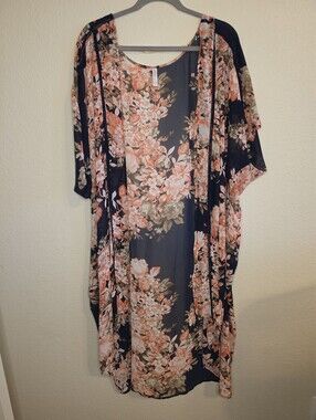 Xhilaration Womens Navy & Pink Floral Sheer Chiffon Duster Kimono Size XL/XXL